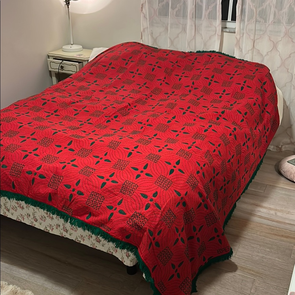 Red and Green Floral embroidered bed spread with fringe large